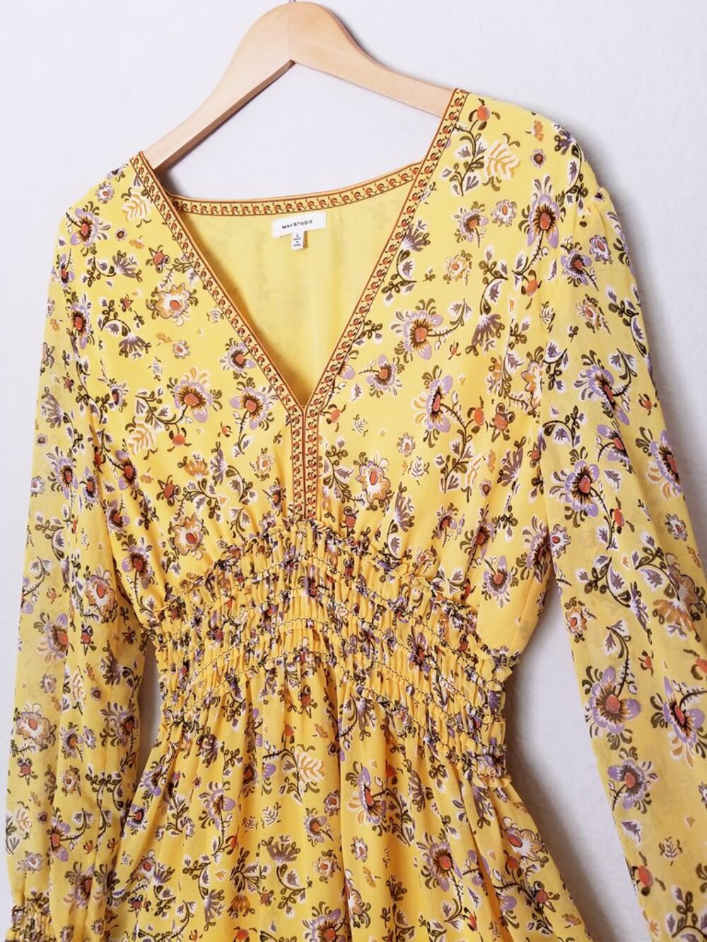Max Studio Yellow Floral Smocked Waist V-Neck Mini Dress Long Sleeve Size L - Picture 6 of 14